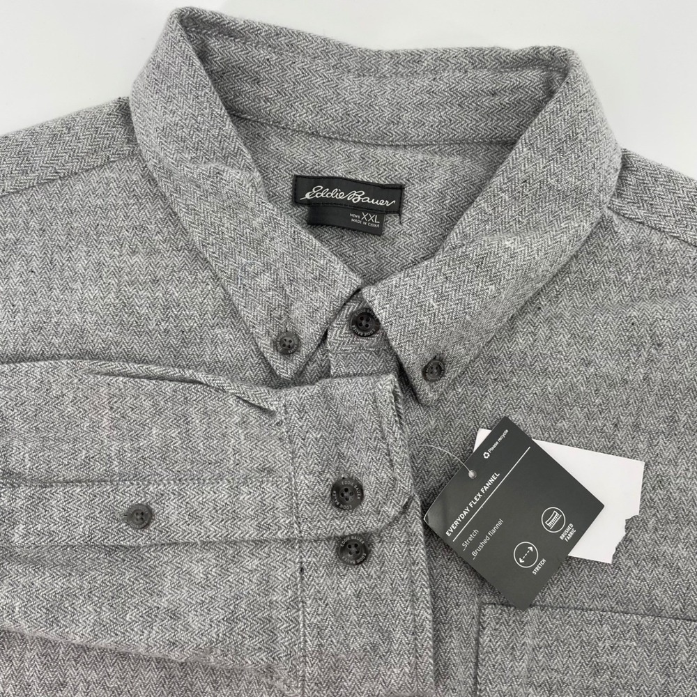 Eddie Bauer Men's XXL Grey Herringbone Everyday Flex Flannel Shirt